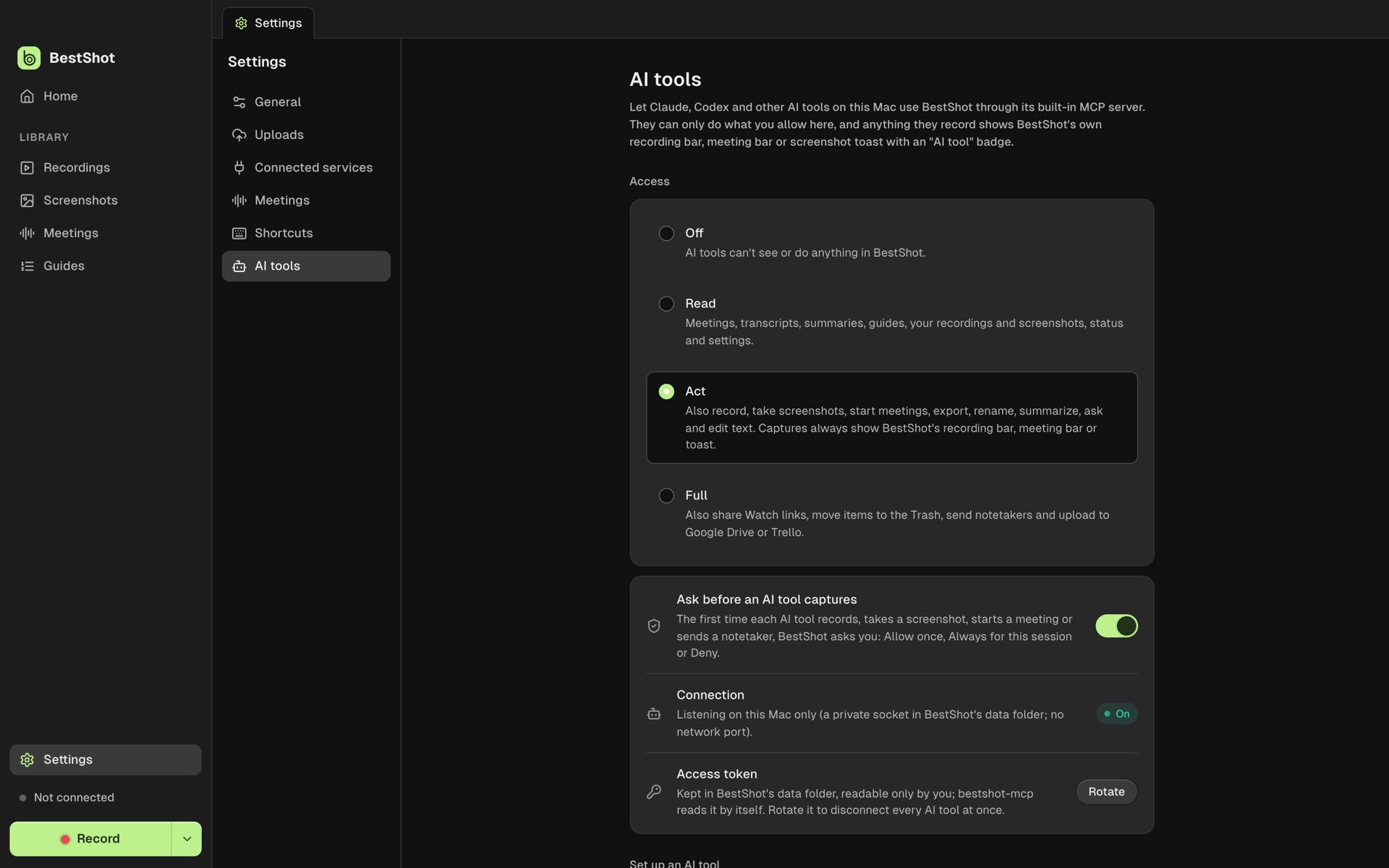 BestShot Settings, AI tools page with Off, Read, Act and Full access levels