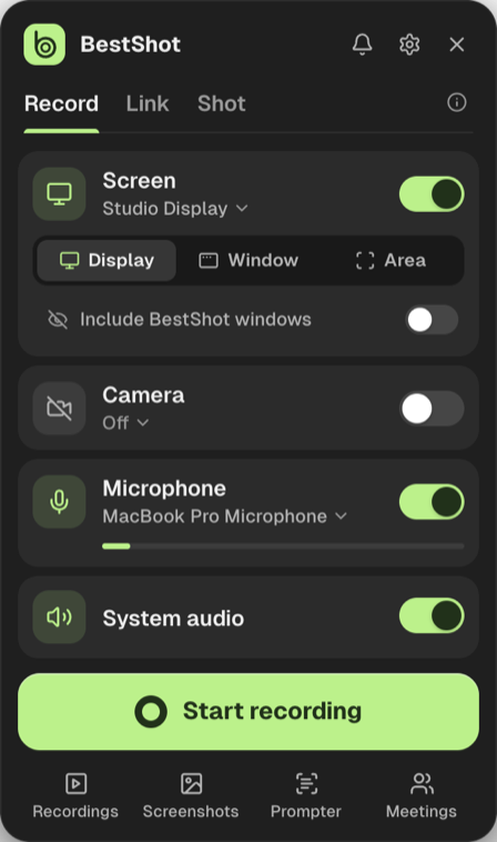 BestShot capture panel with Record, Link and Shot tabs, screen, camera, microphone and system audio toggles