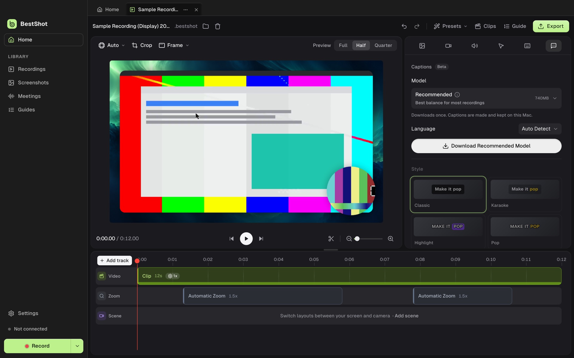BestShot video editor with a preview, caption settings and a timeline of clip and automatic zoom tracks