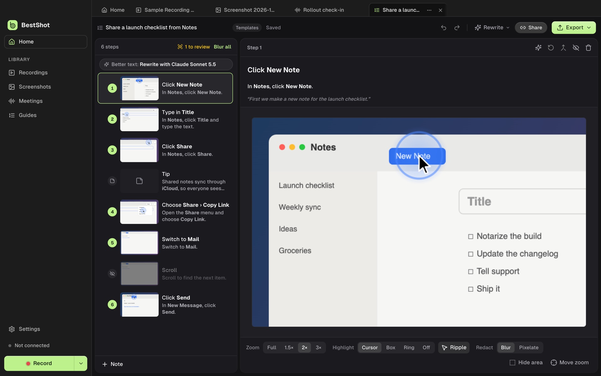 A BestShot guide with numbered steps and a zoomed screenshot highlighting the clicked button