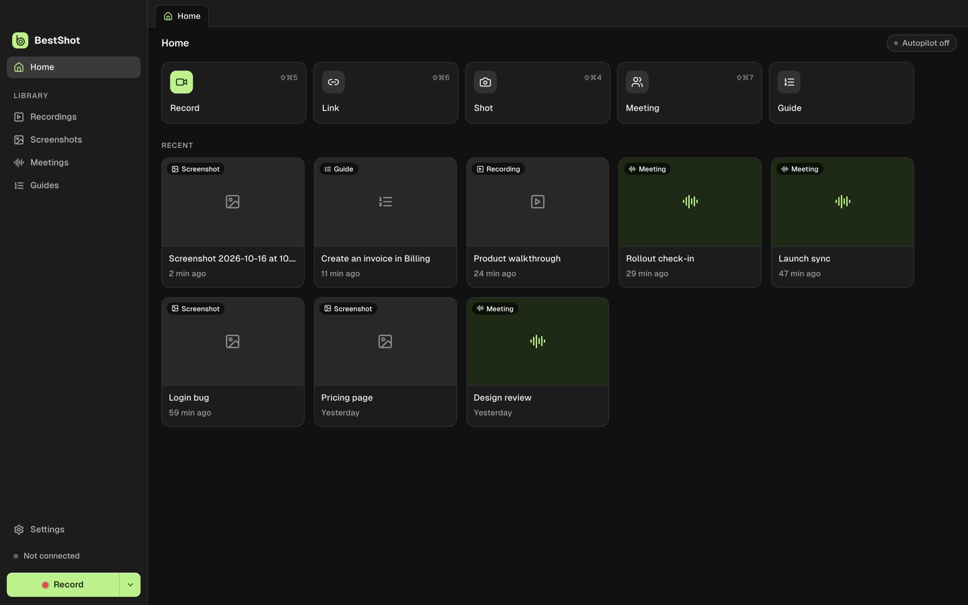 BestShot main window Home with Record, Link, Shot, Meeting and Guide actions and recent items