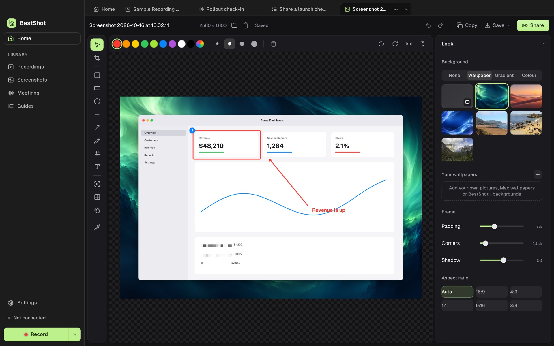 BestShot main window with a sidebar and open tabs for a recording, a meeting, a guide and an annotated screenshot