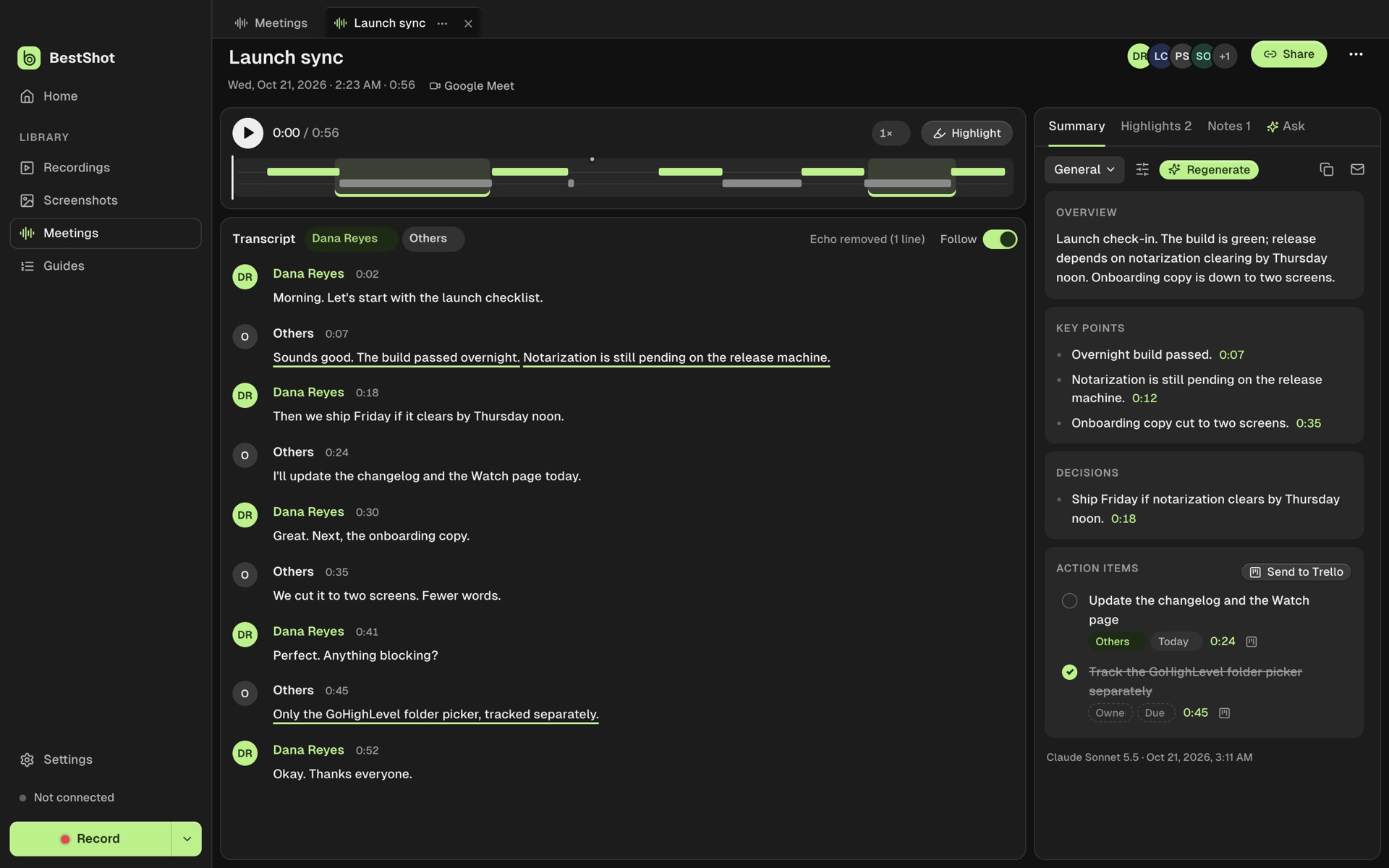 A BestShot meeting page with a speaker-labelled transcript, summary, decisions and action items