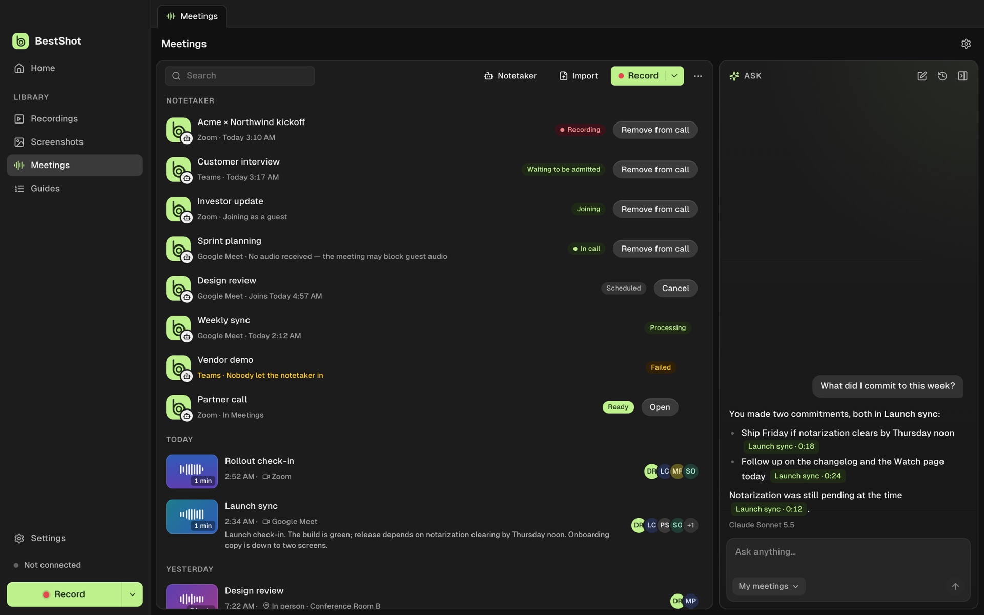 BestShot Meetings library with an Ask answer that cites moments from the Launch sync meeting