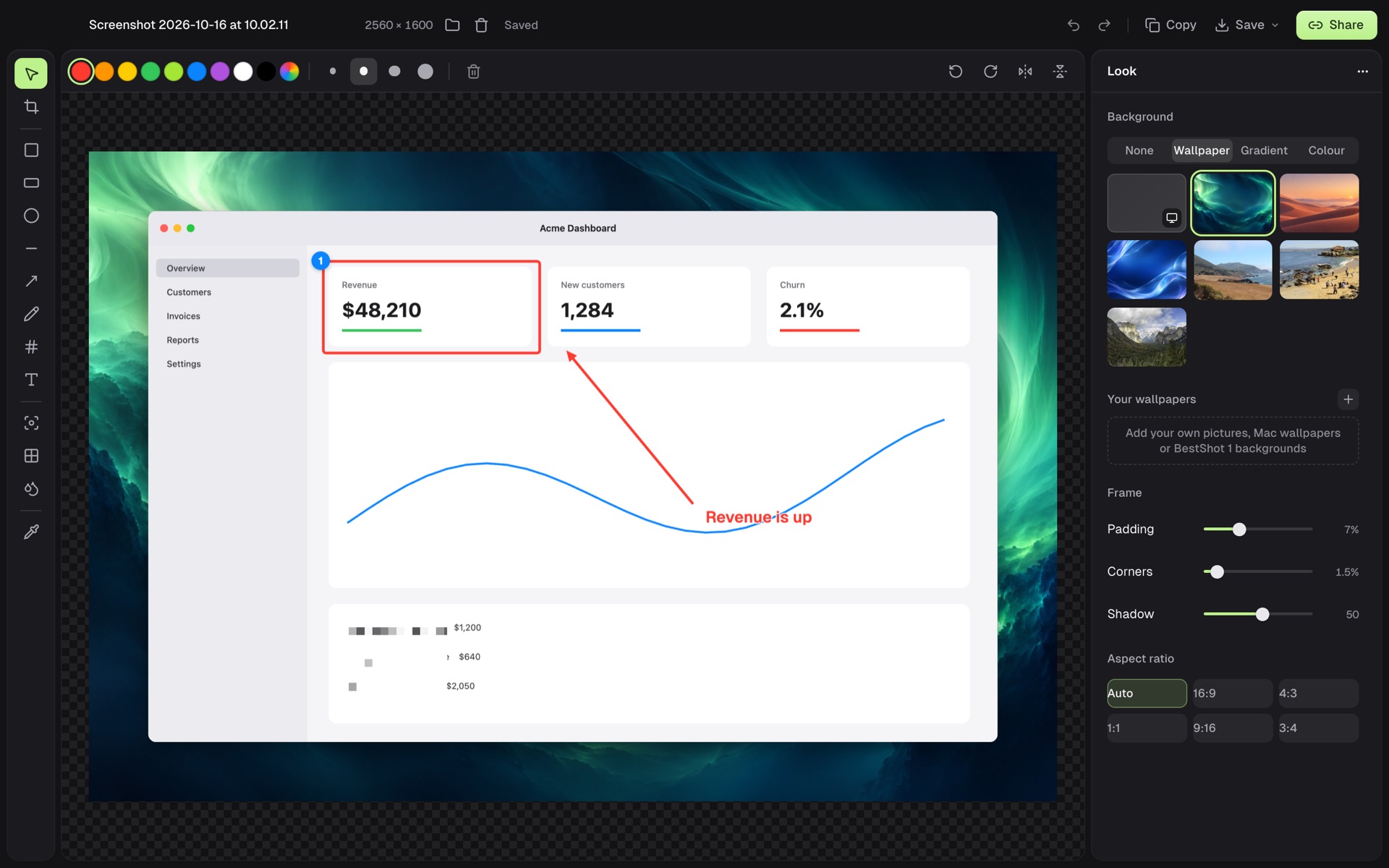BestShot Screenshot Studio with an annotated dashboard on a wallpaper background