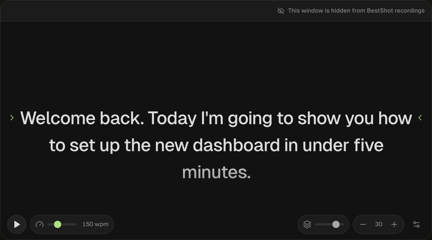 BestShot teleprompter window with a script, play button, speed and text size controls