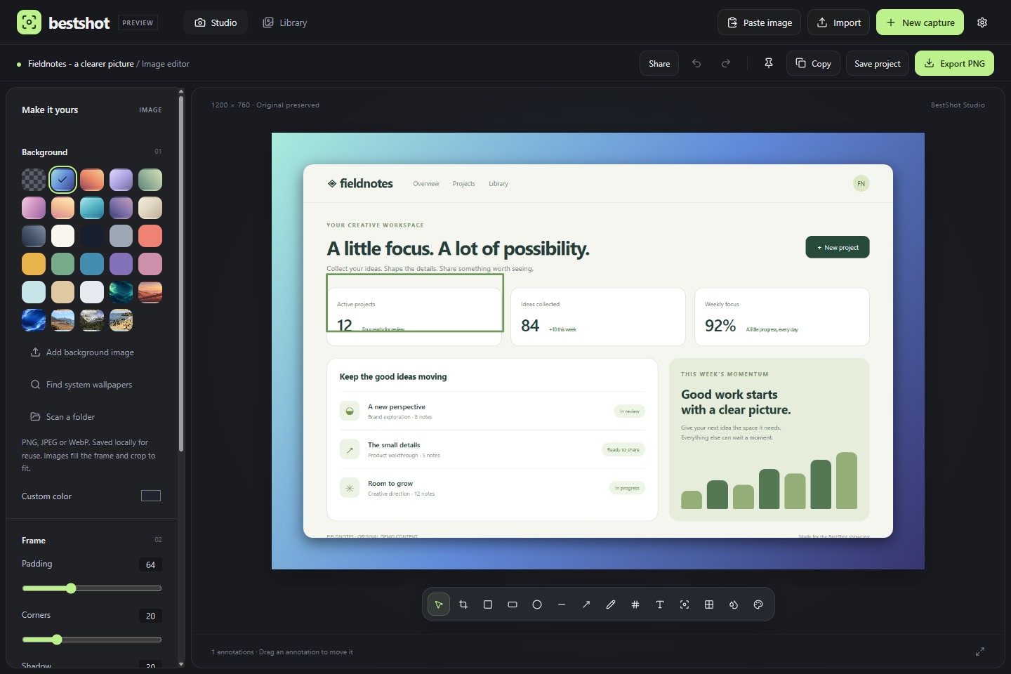 BestShot screenshot editing with annotations and background controls