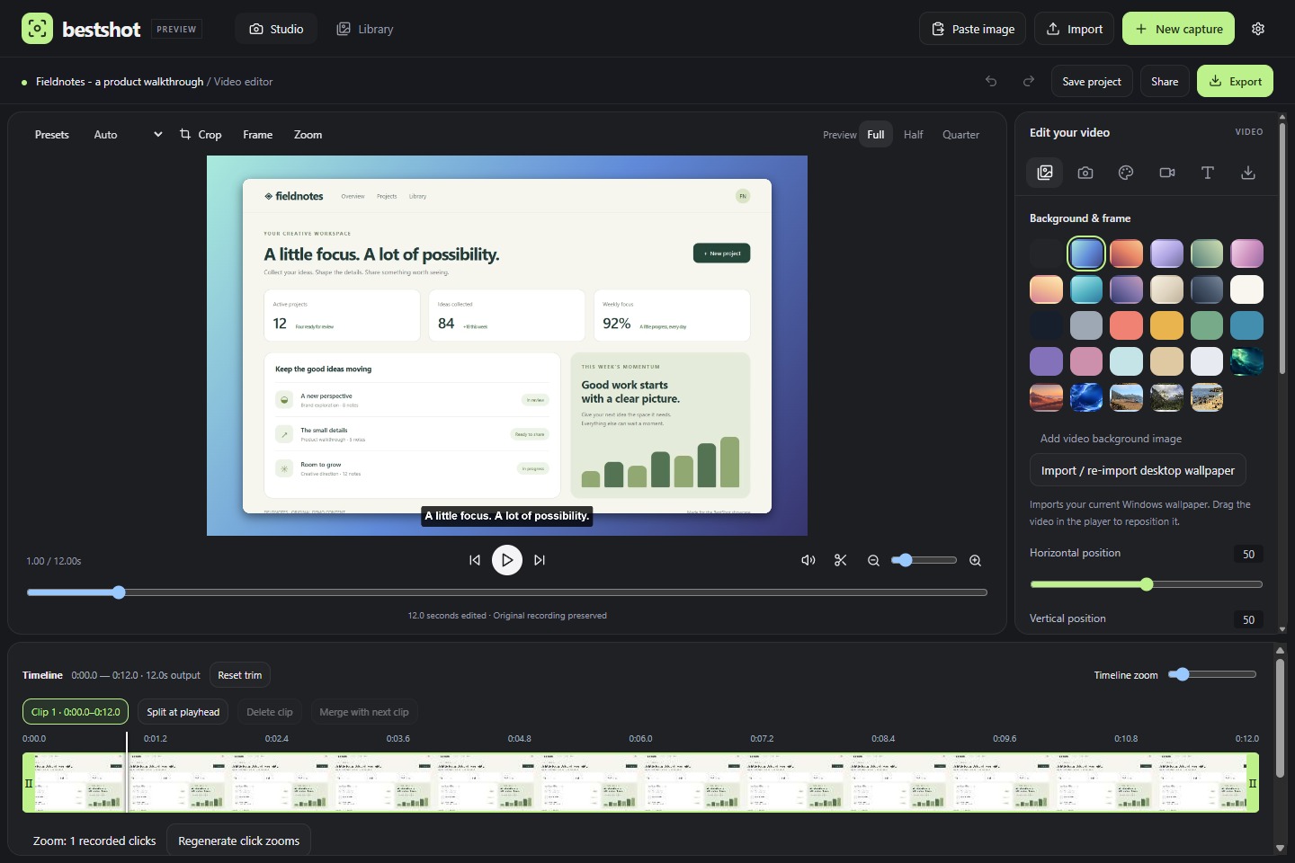 BestShot's video studio with framing tools, captions, and an editable timeline